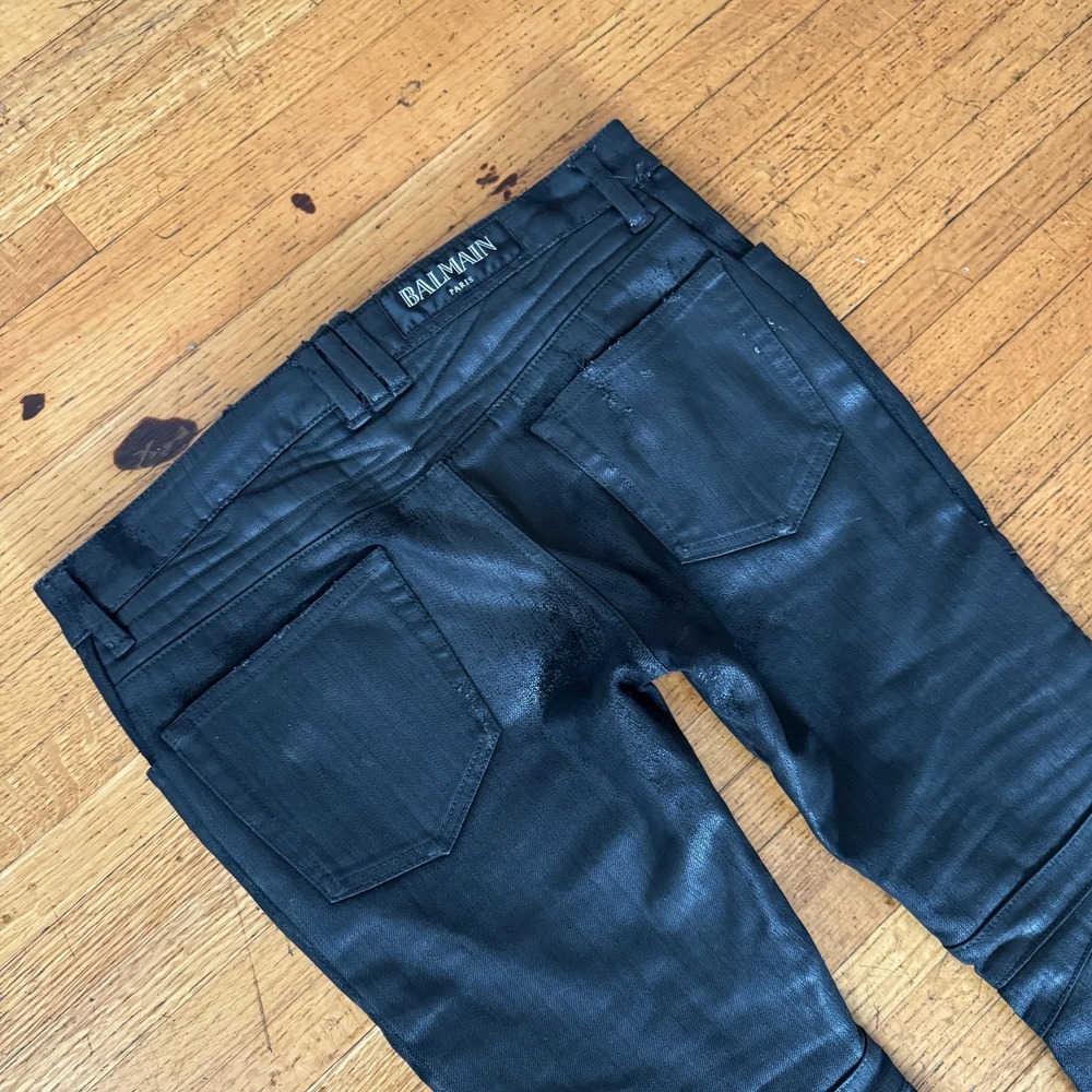 Balmain Biker Jeans Mens 32 Black Excellent Waxed Oliver Ribbed Moto Denim - Picture 3 of 5